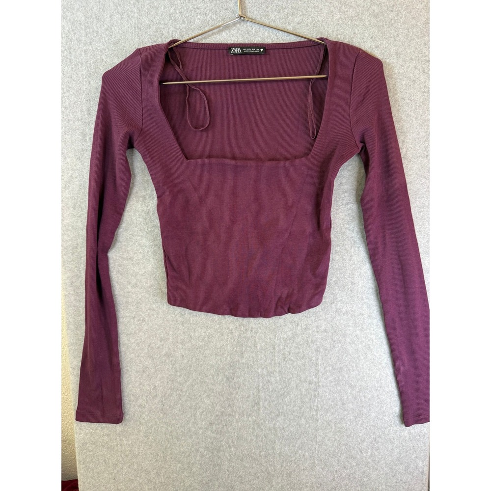 Zara Women Ribbed Square Neck Long Sleeve Cropped Top Plum Burgundy Size S